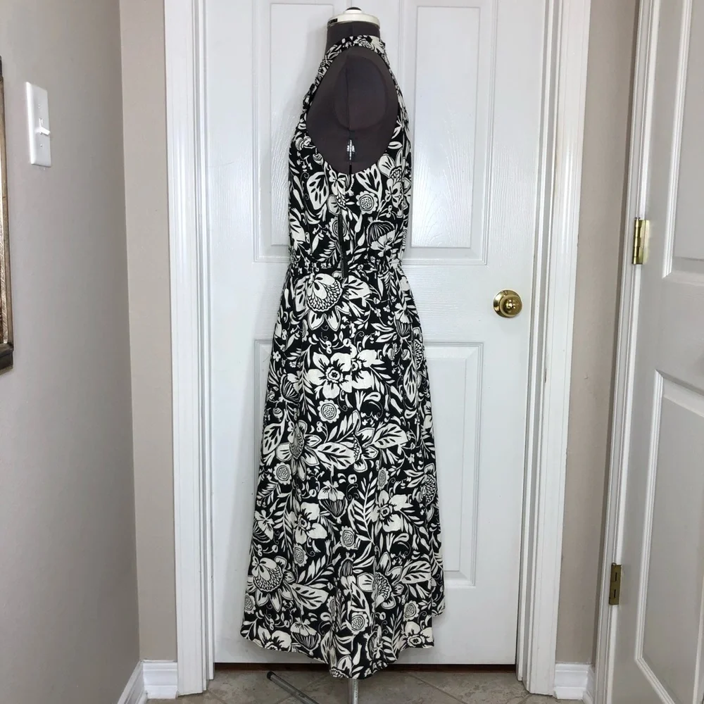 Maggy London Linen Blend Black Cream Floral Halter Pockets Lined Midi Dress 10 - Picture 6 of 16